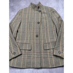 DKNY Plaid Wool Cashmere‎ Blend Brown Tan Blazer Jacket Women Size 4 Preppy Y2K